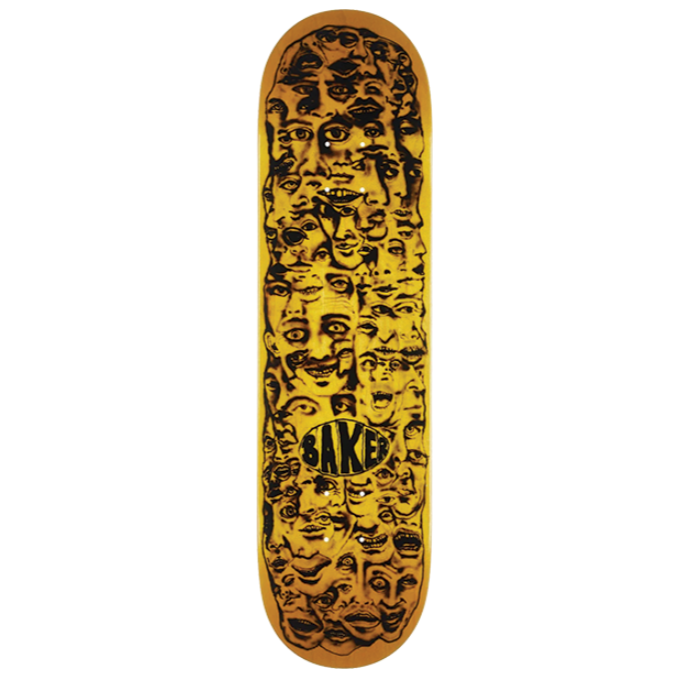 Skateboard deck with black graphics on a yellow background