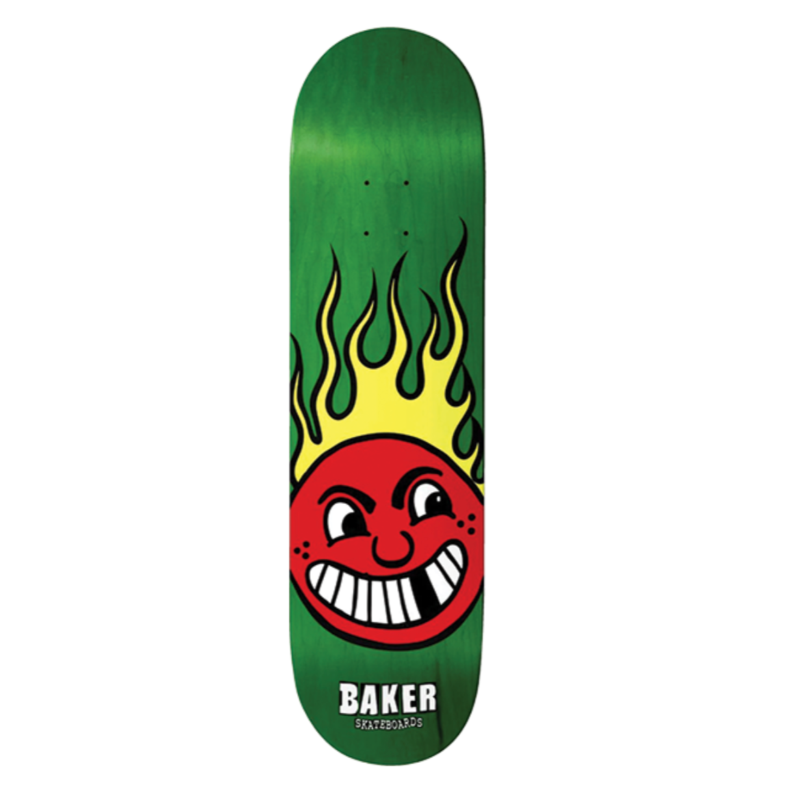 Skateboard deck with a red face design and flames on a green background, featuring the Baker brand.