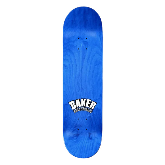Blue skateboard deck with 'Baker' logo on a white background