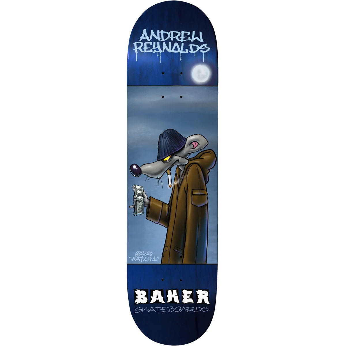 A skateboard deck graphic featuring a stylized cartoon wolf in a brown trench coat and hat against a blue-gray background, with 'ANDREW REYNOLDS' at the top and 'BAKER SKATEBOARDS' at the bottom.