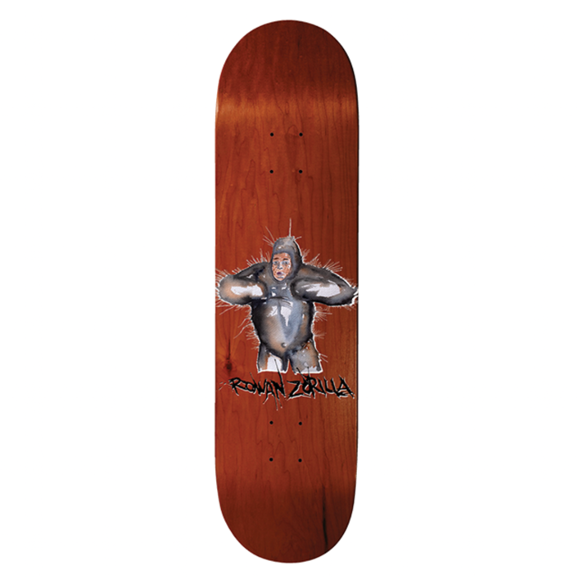 Wooden skateboard deck with a graphic of a gorilla on a white background