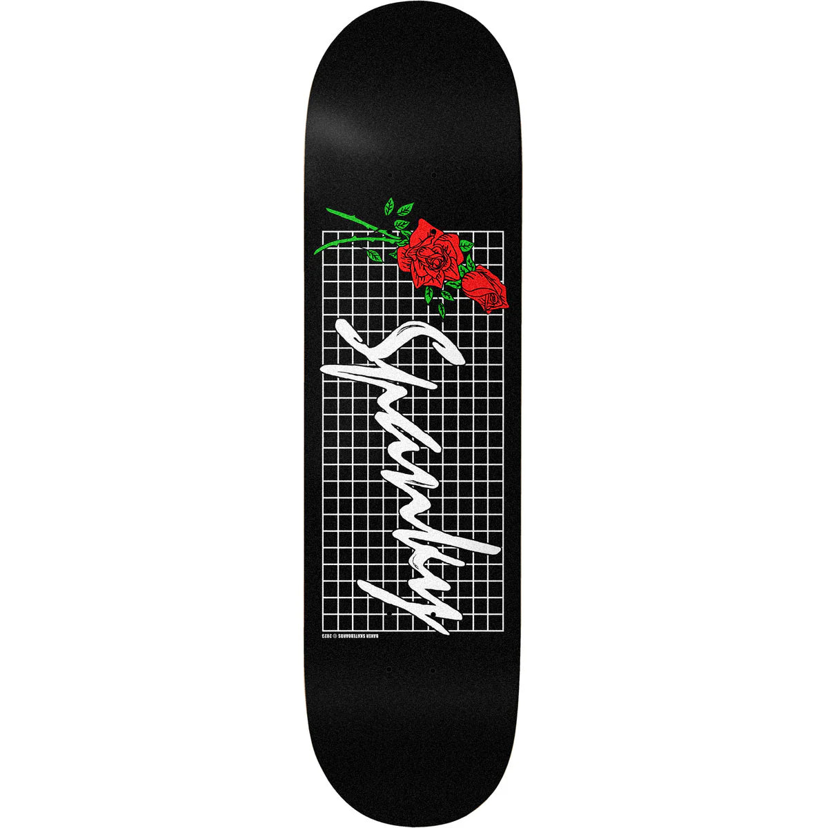 black skateboard with roses graphic on a white background