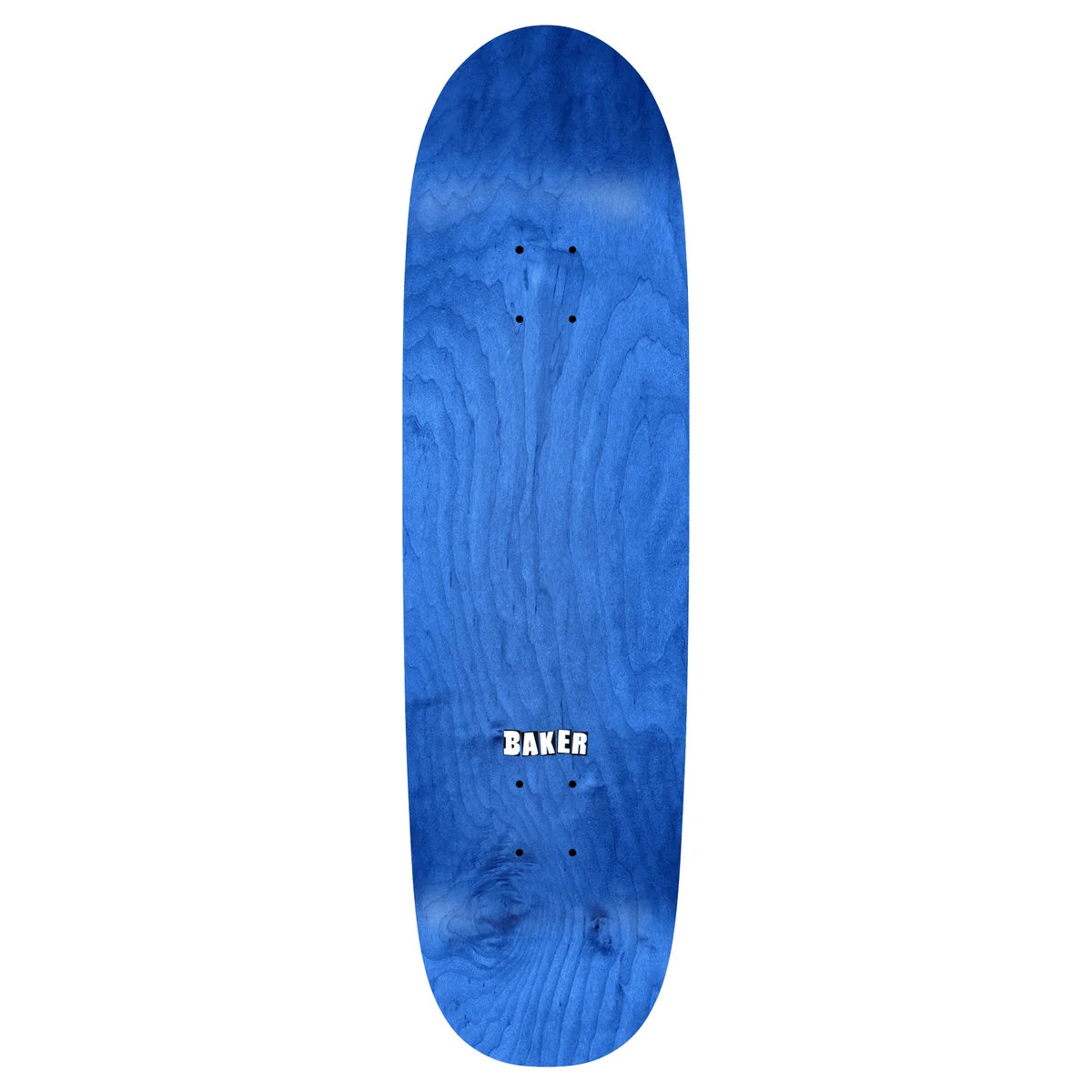 A blue skateboard deck with a prominent wood grain pattern and the white 'BAKER' brand logo near the bottom center, shown against a plain white background.