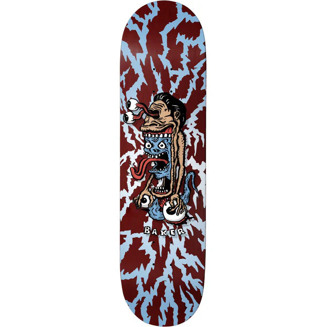 Skateboard deck with a colorful graphic design on a white background