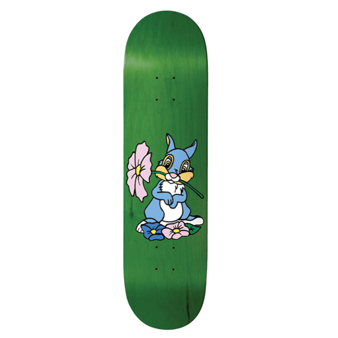 Green skateboard deck with a cartoon character holding a flower on a white background