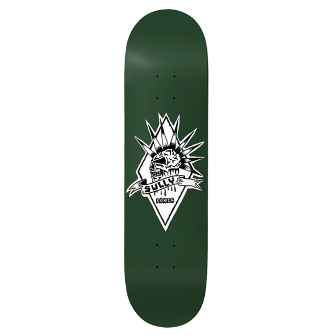 Green skateboard deck with a white graphic design on a white background