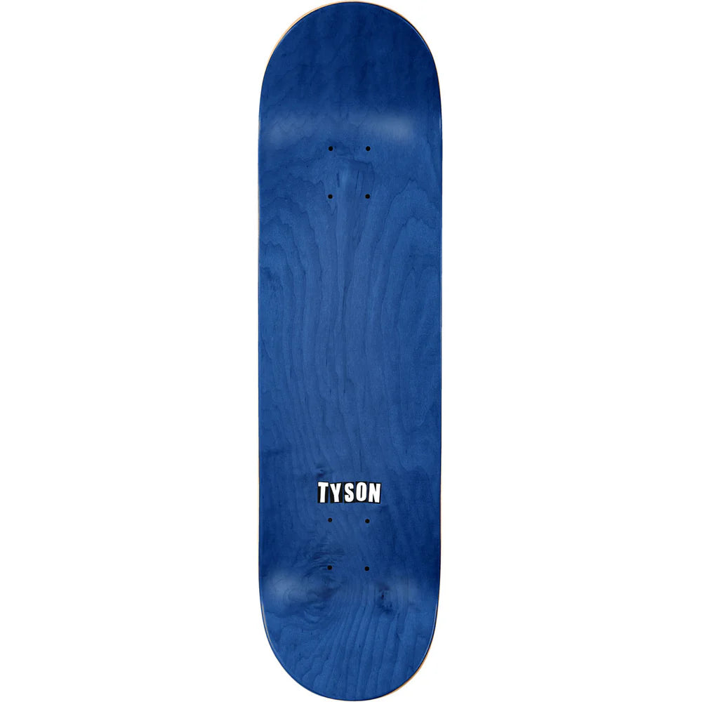 Blue skateboard deck with 'TYSON' name on a white background