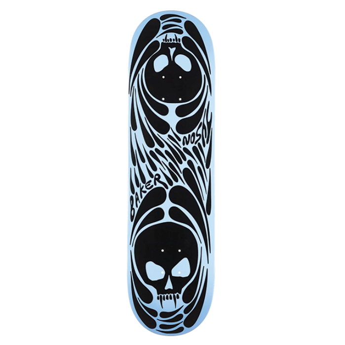Skateboard deck with black skull design on a white background