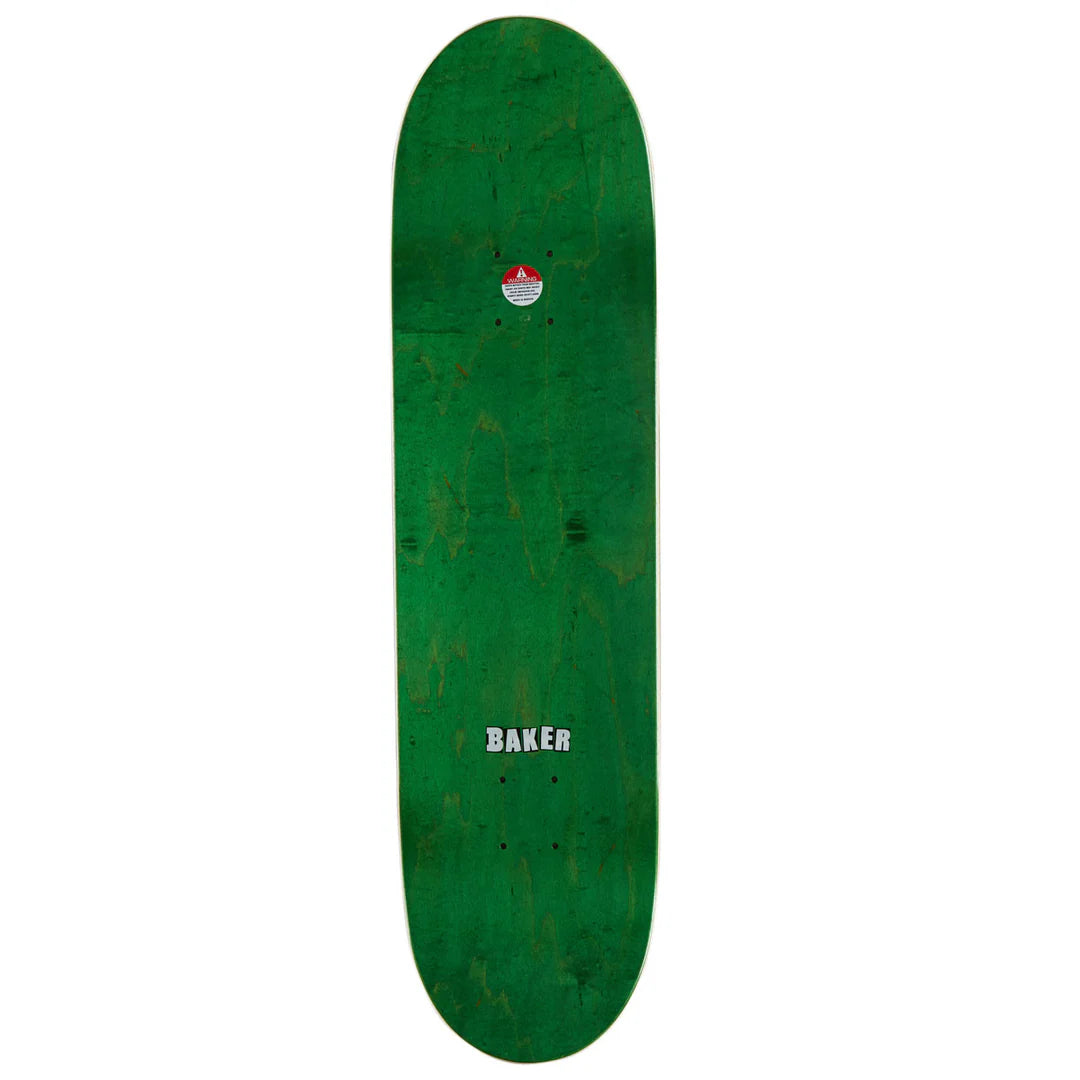 A green skateboard deck with a natural wood grain texture, featuring a small red and white logo near the top and the brand name 'BAKER' printed in white near the bottom, shown against a plain white background.