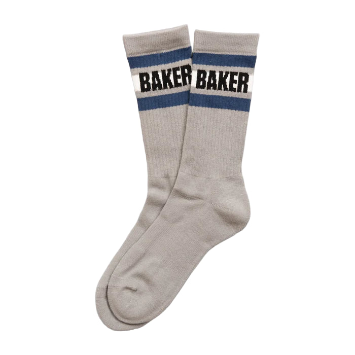 Gray socks with blue stripes and 'Baker' branding on a white background