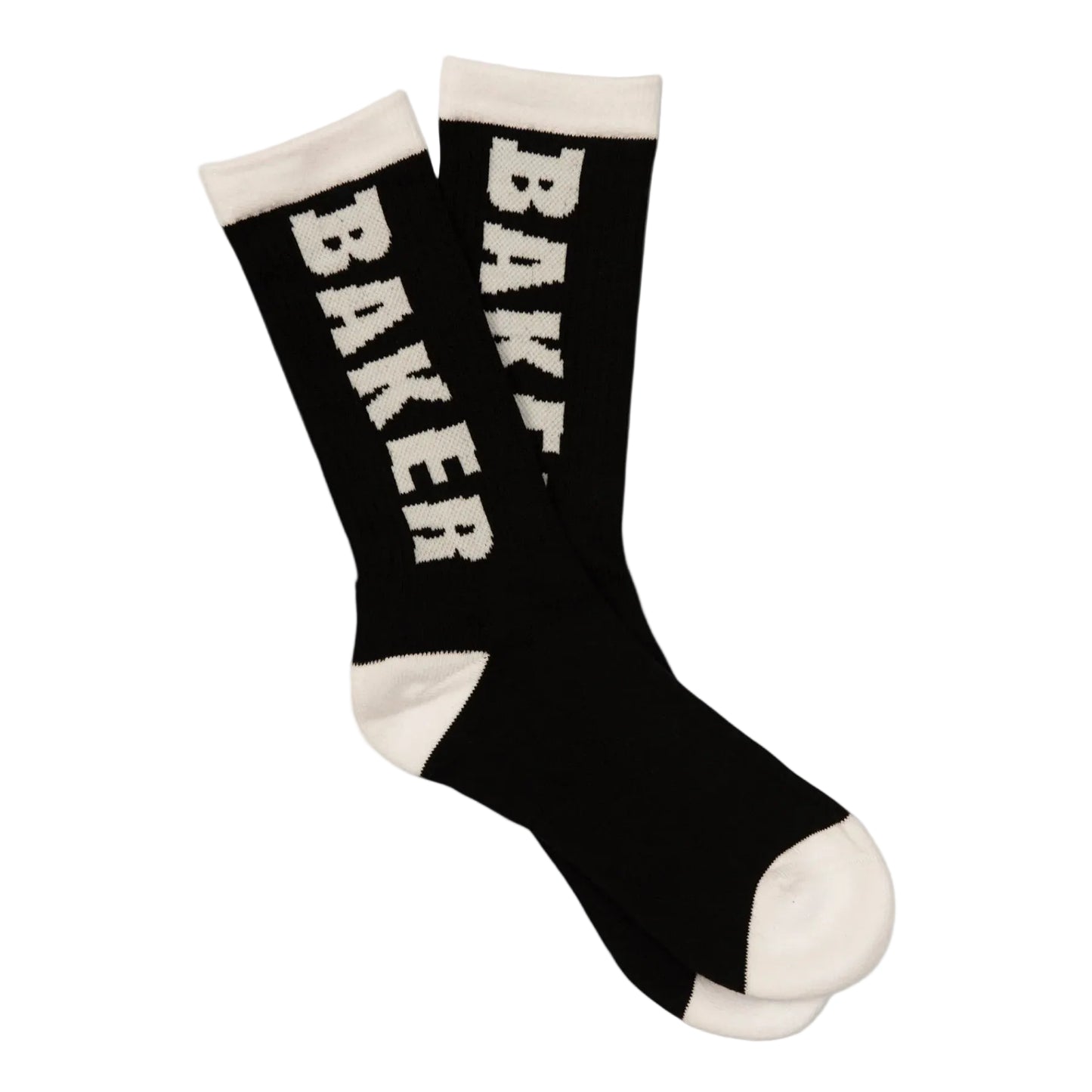 Black socks with 'BAKER' text on a white background