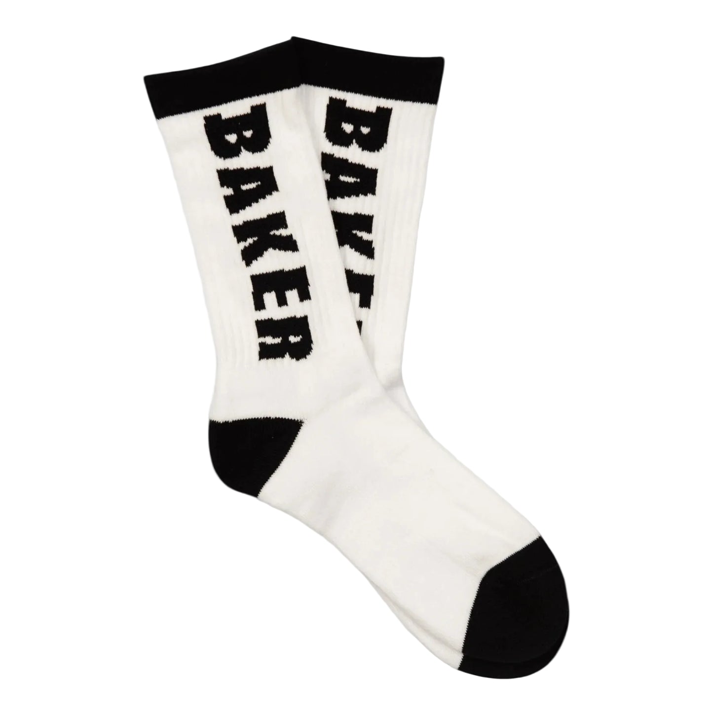 White socks with black text and accents on a white background