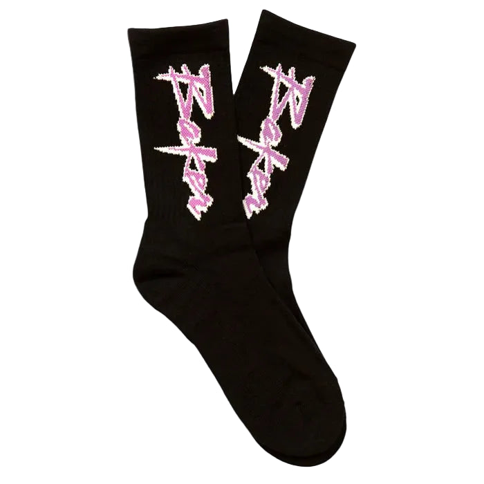 A pair of black crew socks with a pink and white stylized graphic printed vertically on the sides, displayed against a light gray background.