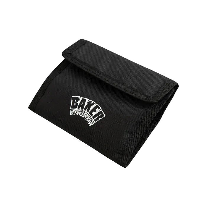 Black wallet with 'Baker Skateboards' logo on a light gray background