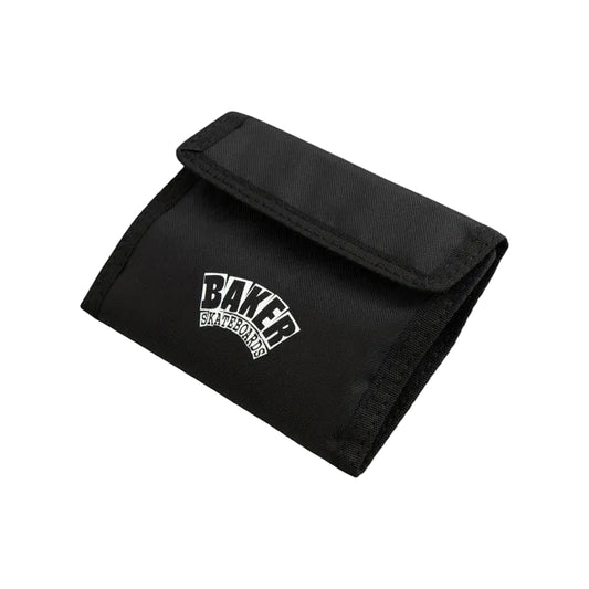 Black wallet with 'Baker Skateboards' logo on a light gray background