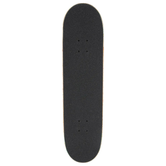A black skateboard deck with grip tape, shown vertically against a plain white background.