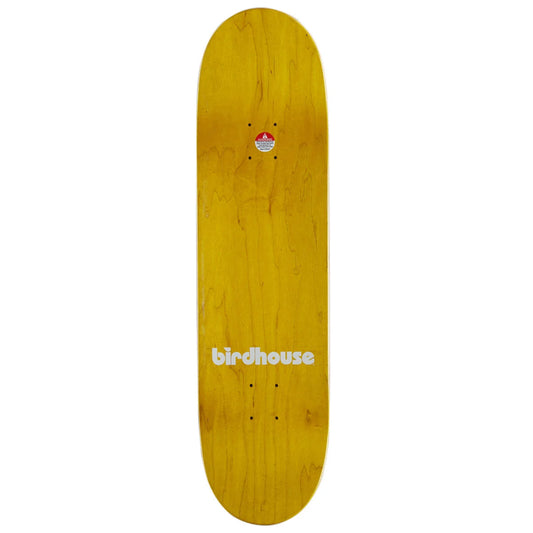 A Birdhouse skateboard deck shown from the underside, featuring a natural light wood grain finish with the white 'birdhouse' logo printed near the bottom center.