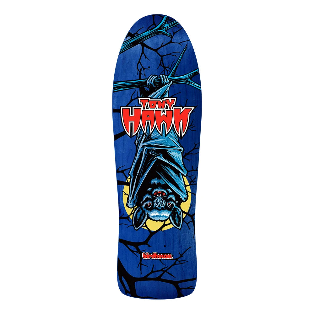 A skateboard deck featuring a graphic design of a hanging bat on a blue background with tree branches and a red 'ToNY HAWK' logo.