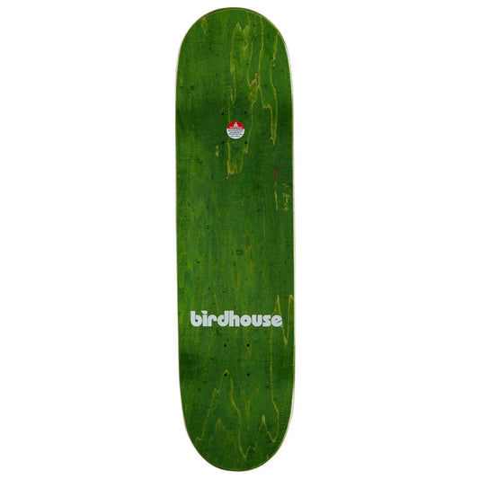 A green Birdhouse skateboard deck with a natural wood grain pattern and the white 'birdhouse' logo printed near the bottom, shown against a plain white background.