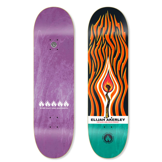 Two skateboard decks, one purple with white flame design and the other with orange and black flame design, on a white background.