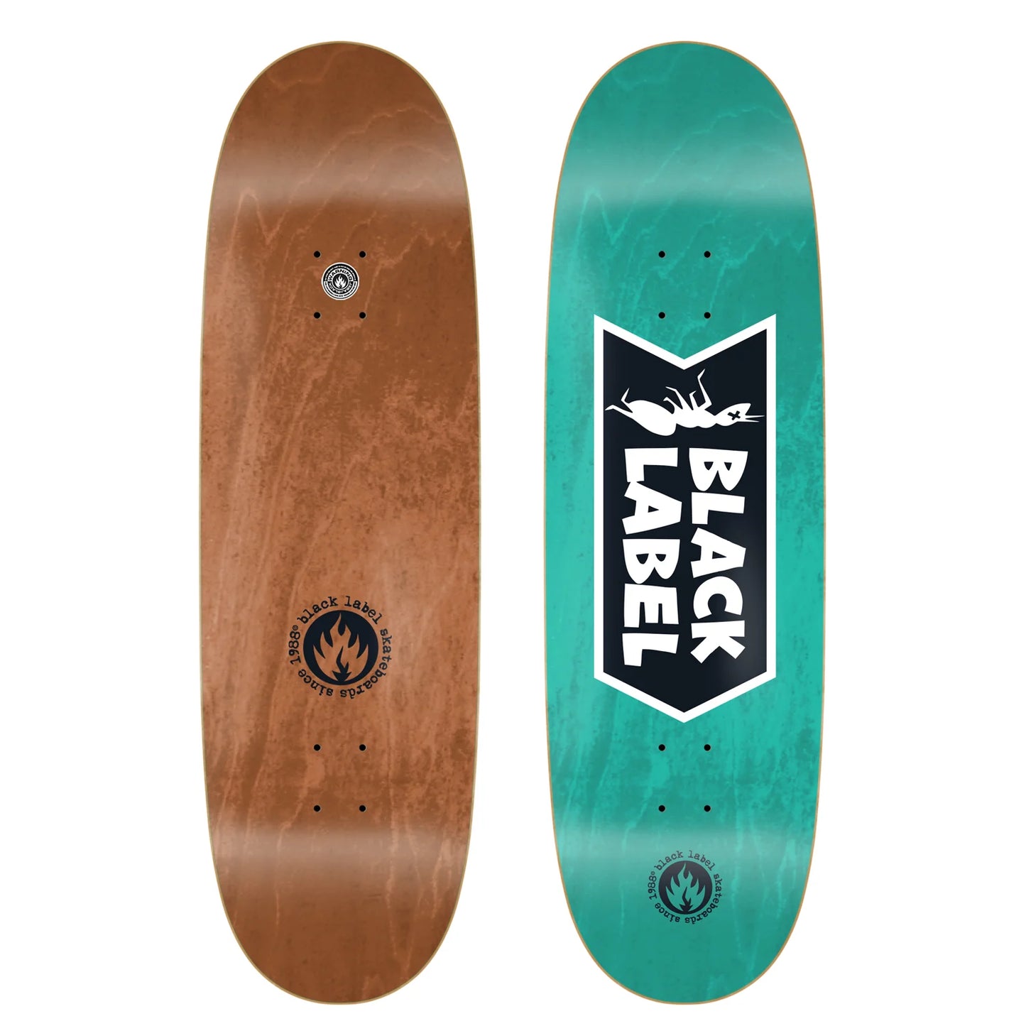 Two skateboard decks, one brown and one green with a Black Label logo, on a white background.