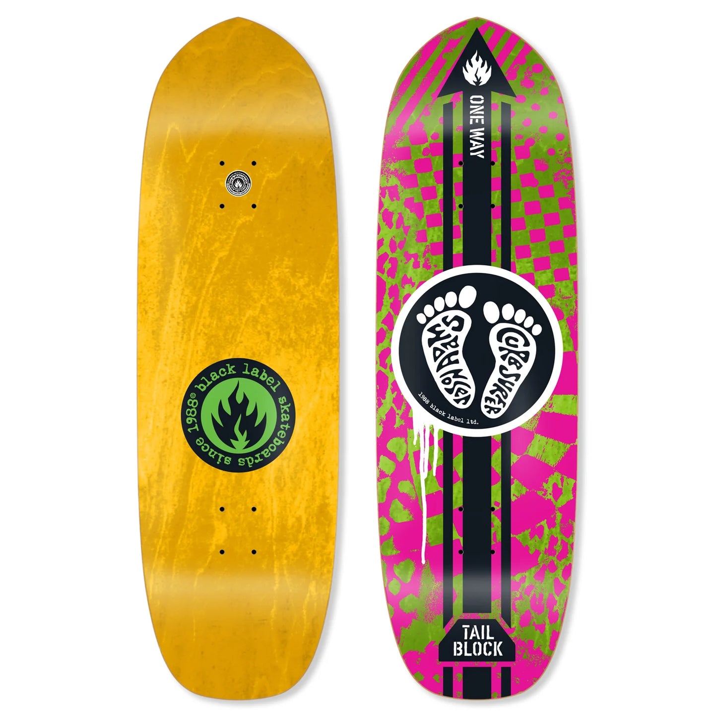 Two skateboard decks, one yellow and one with a colorful design, on a white background.