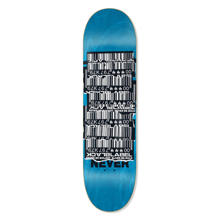Skateboard deck with black and white text design on a blue gradient background