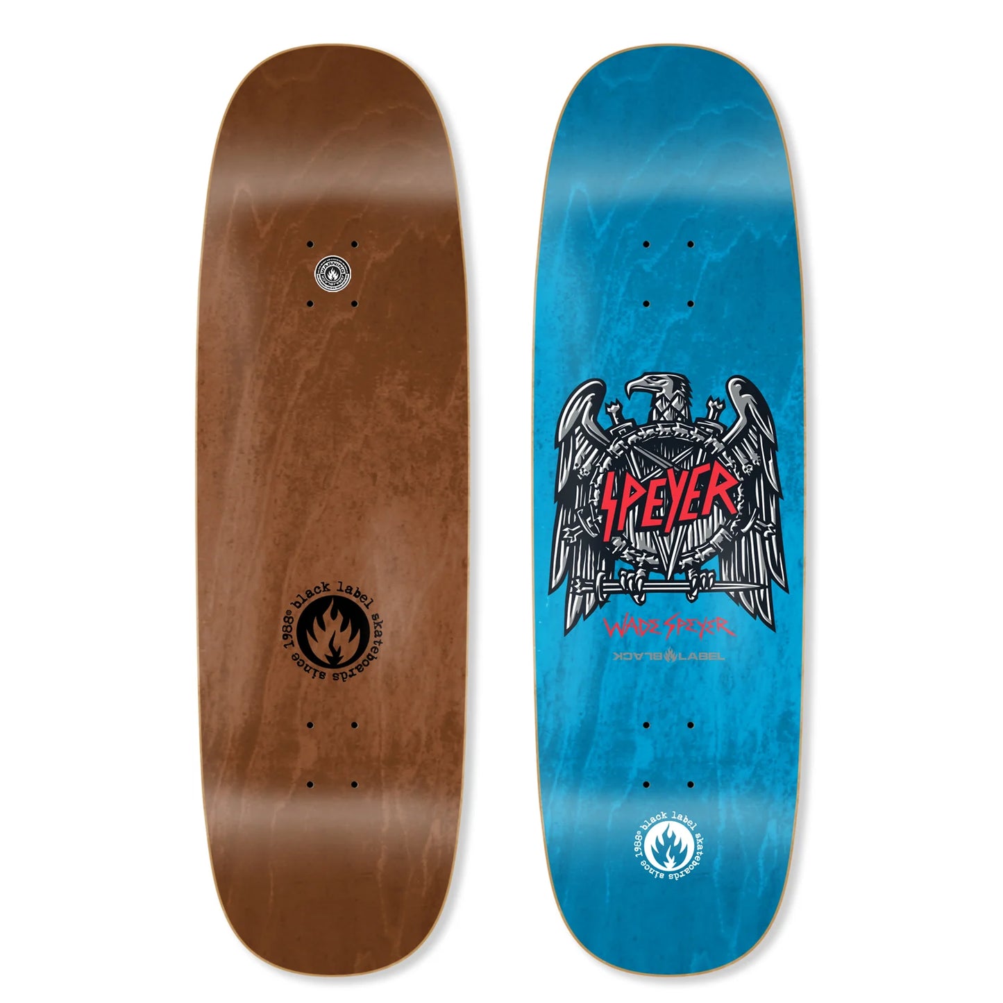 Skateboard deck with brown bottom and blue top with graphic design on a white background