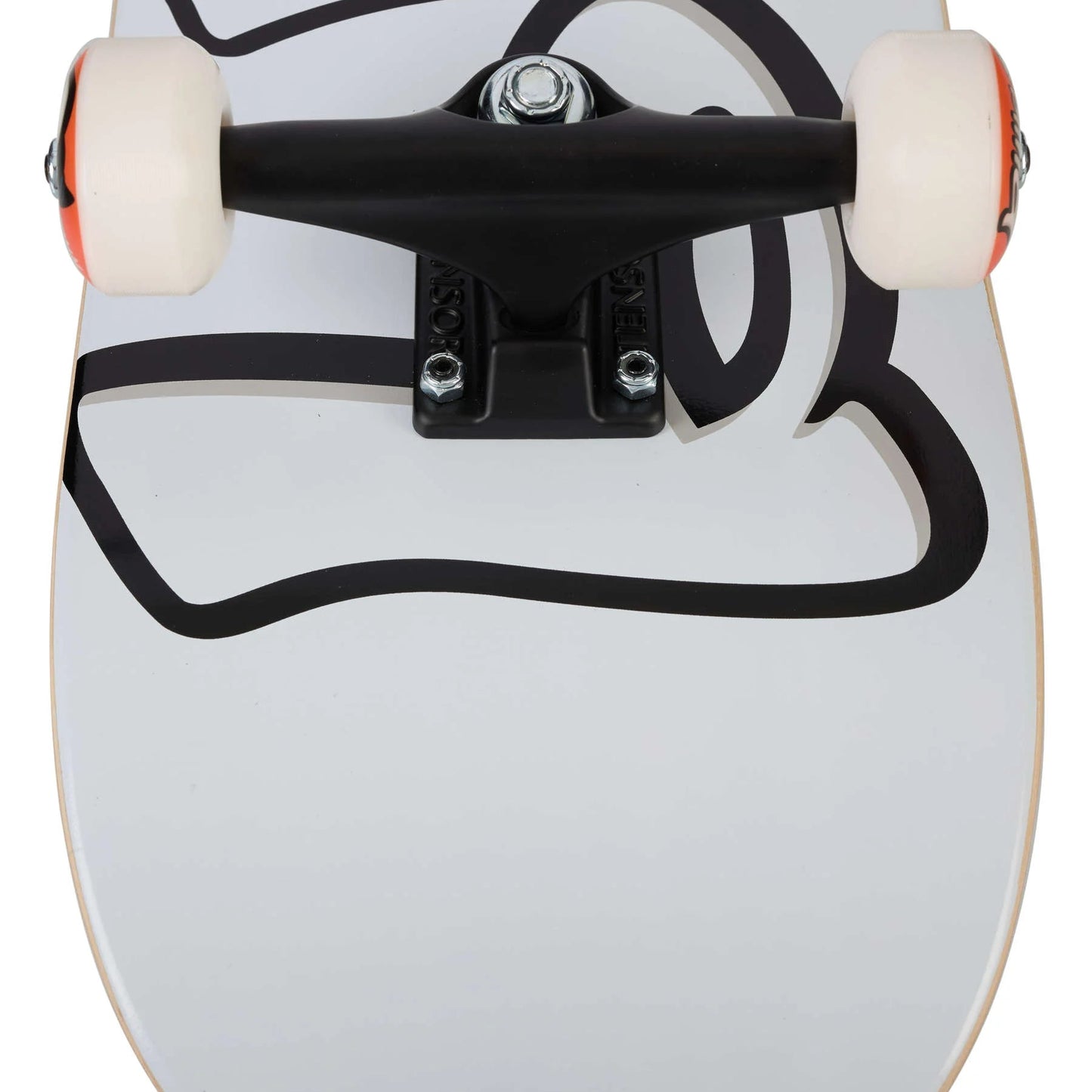 Close-up of a skateboard with a white deck and black graphics on a white background
