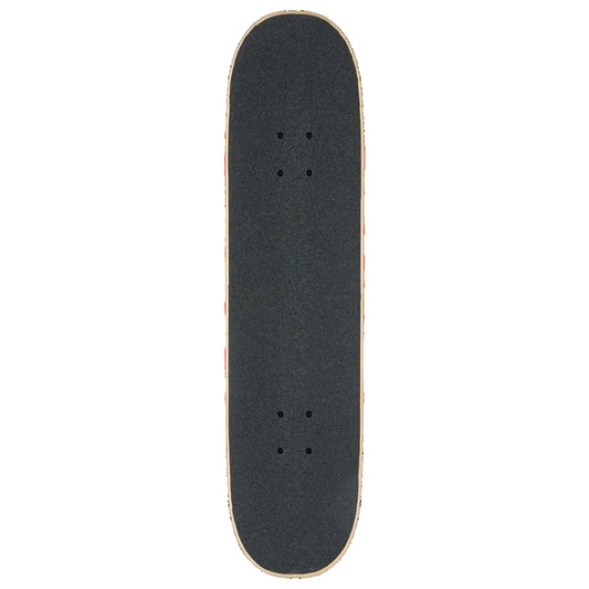 A skateboard deck viewed from directly above, featuring a black grip tape surface with a light natural wood edge, isolated on a white background.