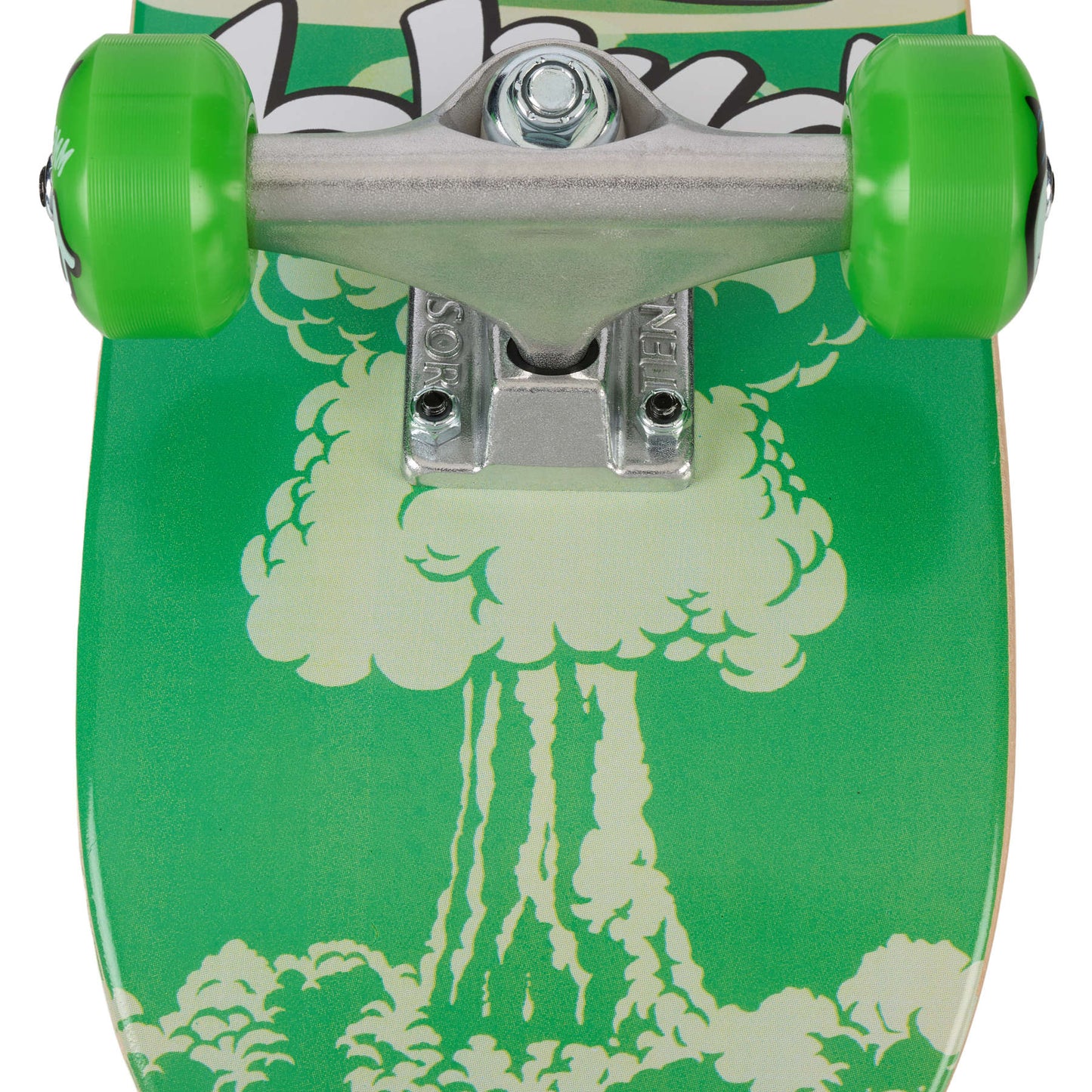 Green skateboard with a mushroom cloud design on a white background