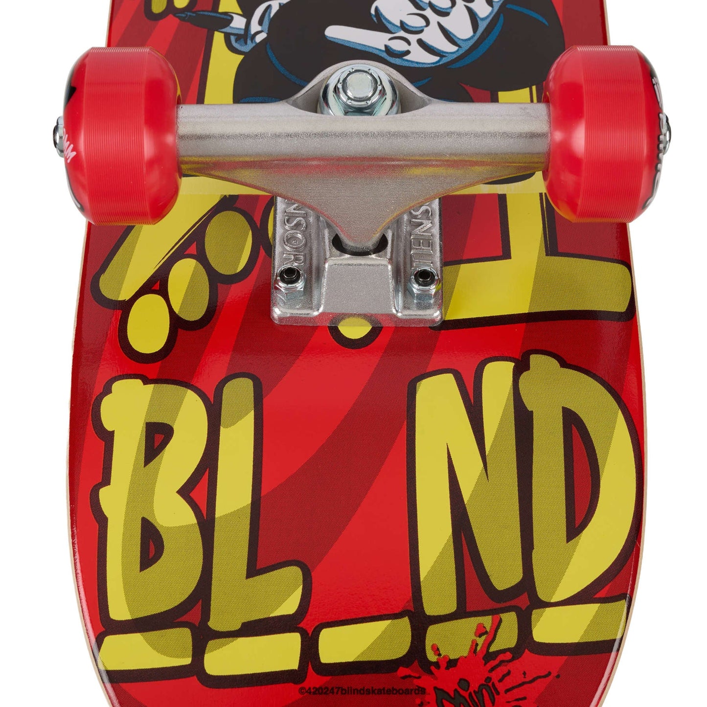 Red skateboard deck with yellow text and red wheels on a white background