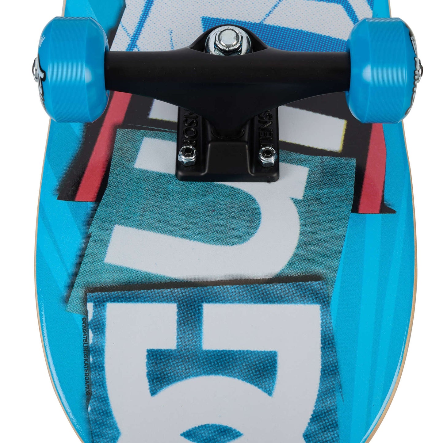 Close-up of a blue and black skateboard with visible branding on a white background