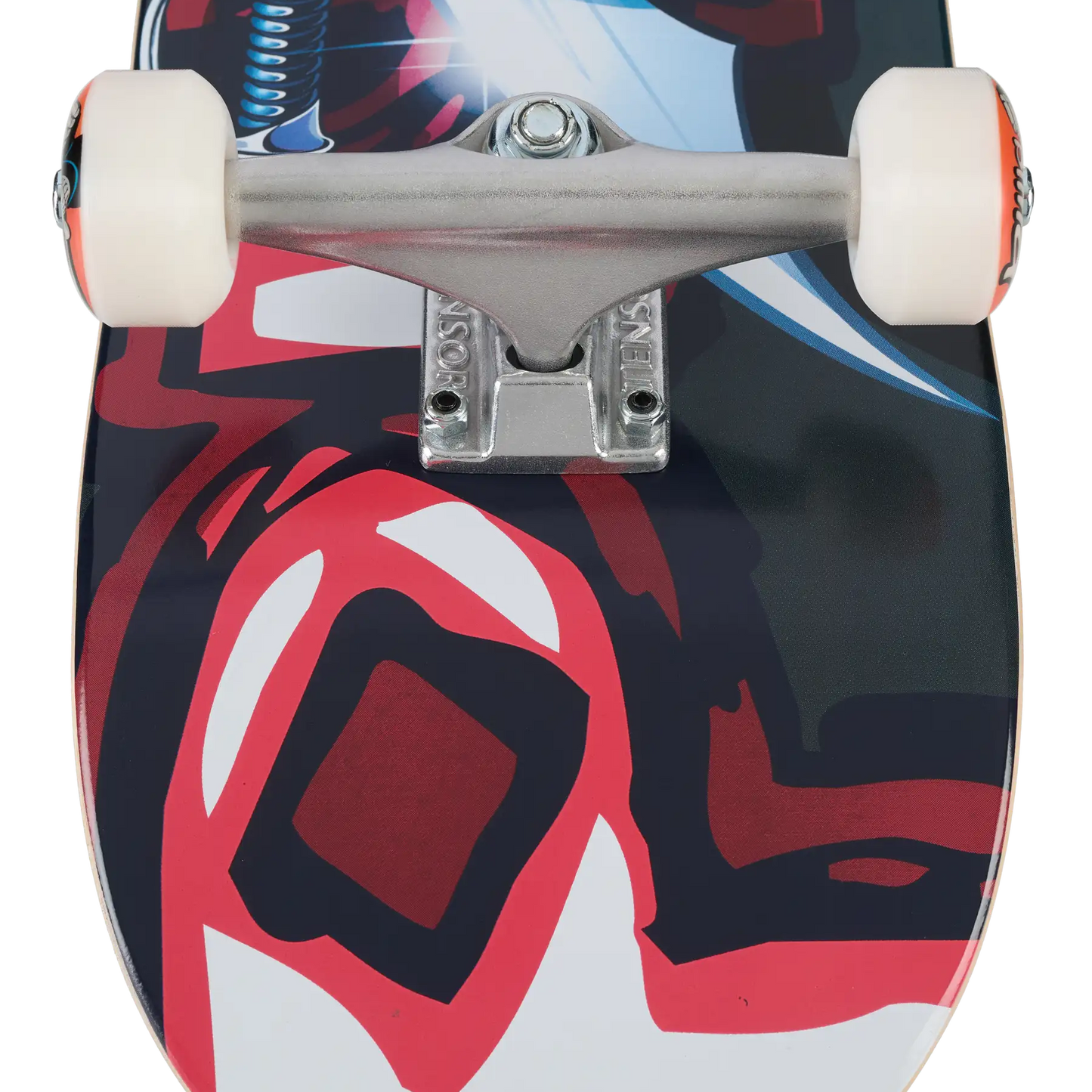 Close-up of the underside of a skateboard showing a colorful abstract graphic print in red, white, and black, with a silver metal truck and white wheels.