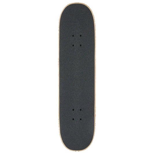 A full-length skateboard deck viewed from directly above, featuring a black grip tape surface and natural light wood edges, isolated on a white background.