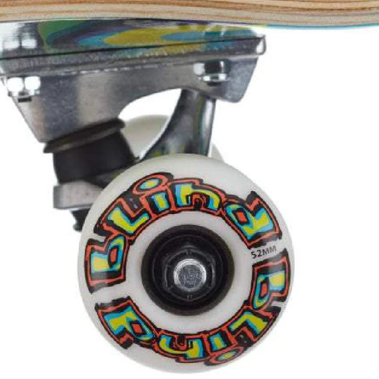 Close-up of a skateboard wheel with colorful branding on a white background
