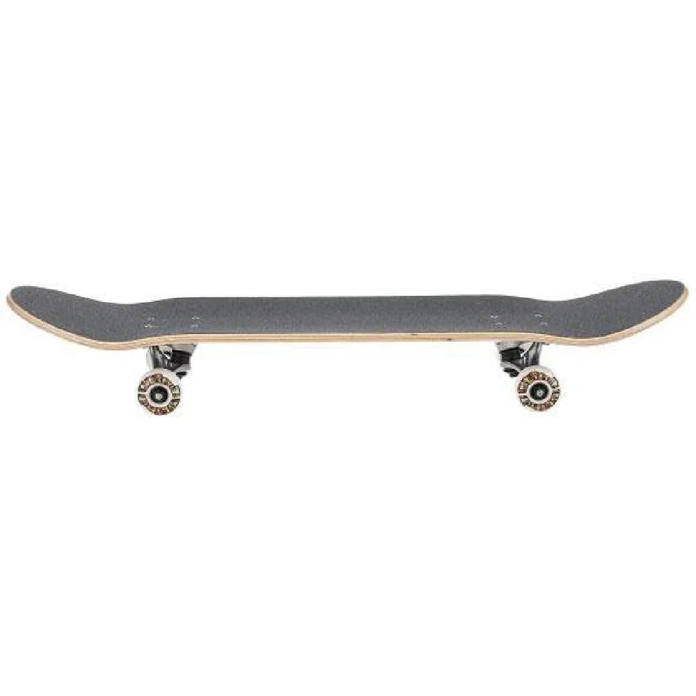 Skateboard with black deck and white trucks on a white background