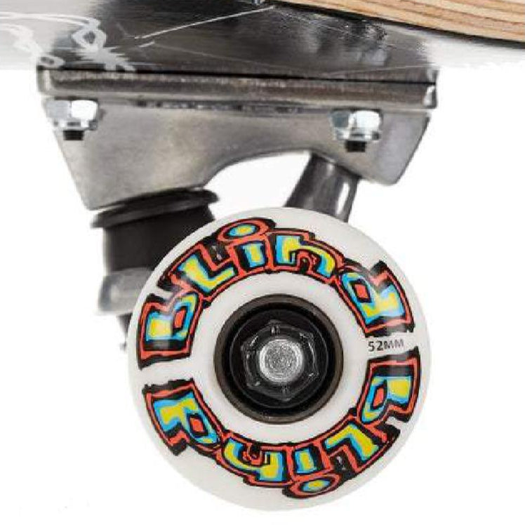 Close-up of a skateboard wheel with colorful design on a white background