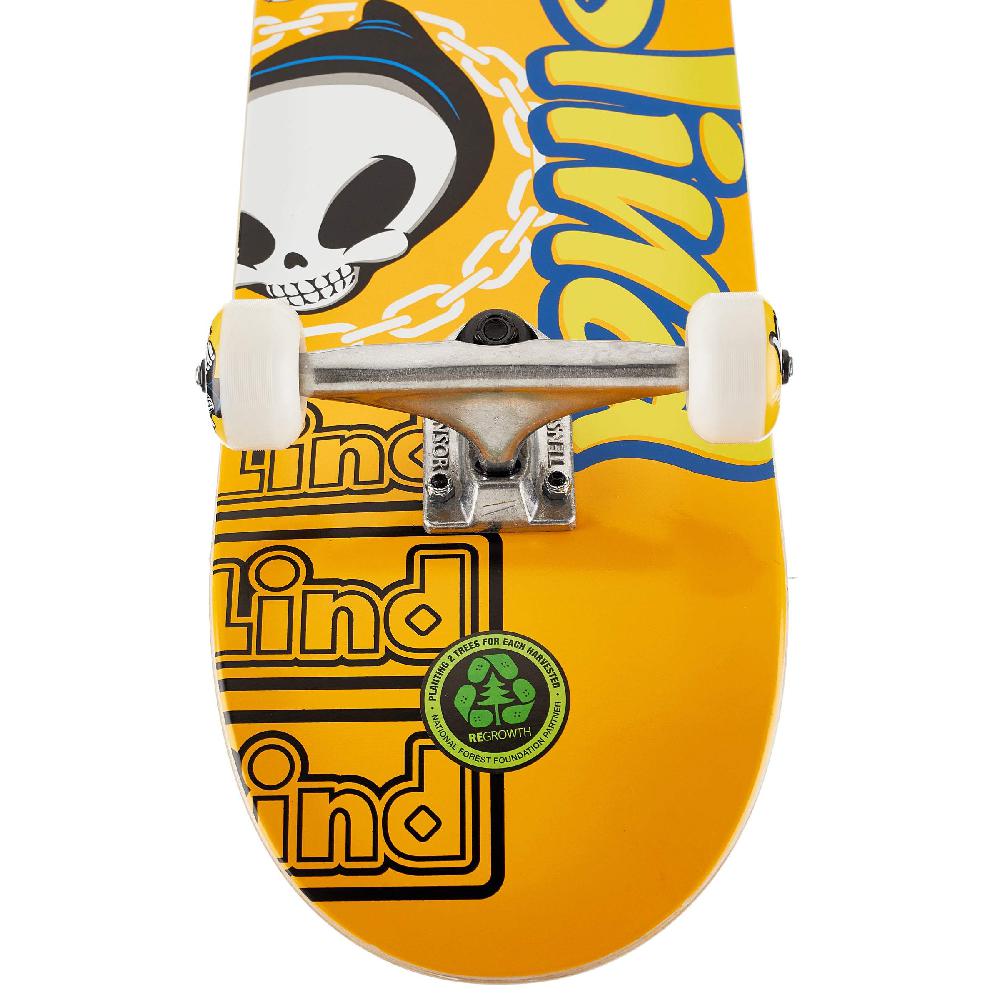 Yellow skateboard deck with black and blue graphics and 'Blind' branding on a white background