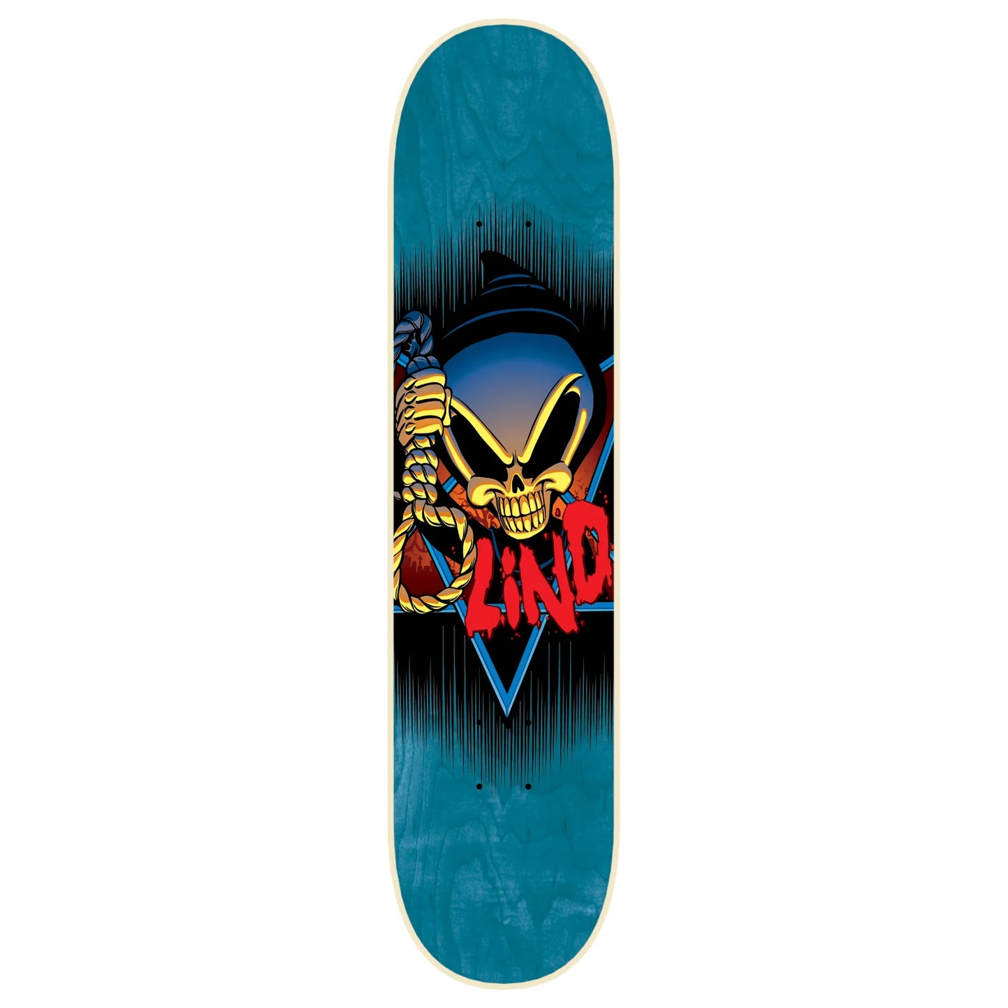 A skateboard deck featuring a graphic design with a yellow skull wearing a black hat, holding a blue flower, and the word 'LIND' in red text over a blue and black background.