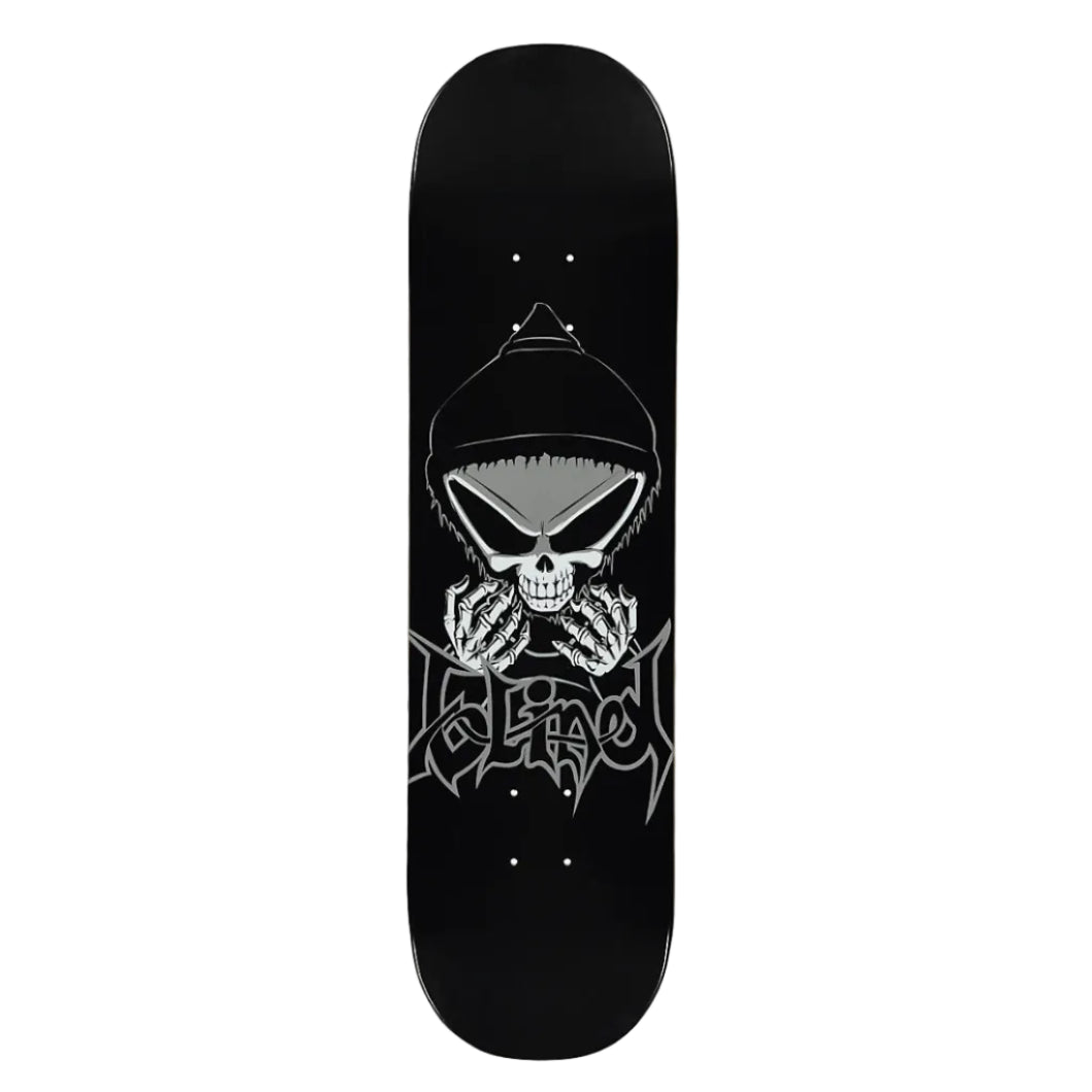Skateboard deck with a black and white skull design on a white background