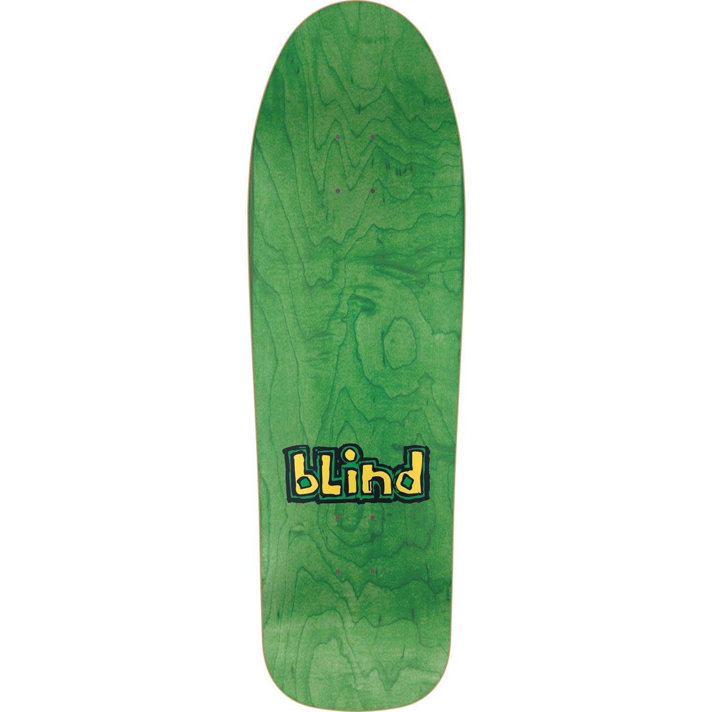 Green skateboard deck with 'Blind' logo on a white background