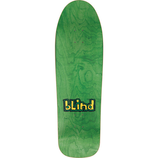 Green skateboard deck with 'Blind' logo on a white background