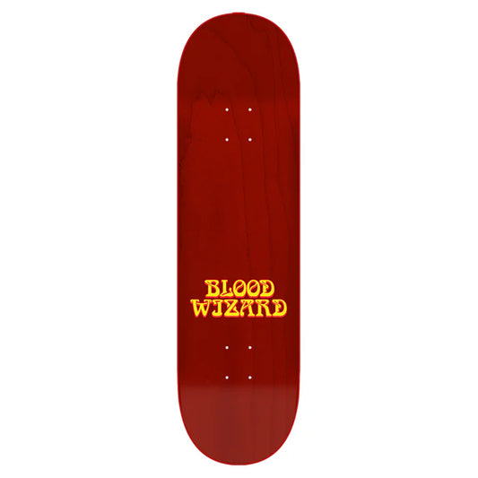 Red skateboard deck with 'Blood Wizard' text on a white background