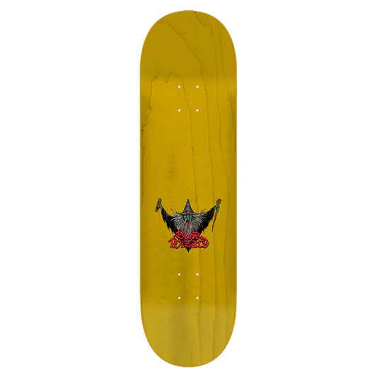 Yellow skateboard deck with a black and red graphic design on a white background