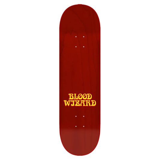 Red skateboard deck with 'BLOOD WIZARD' text on a white background