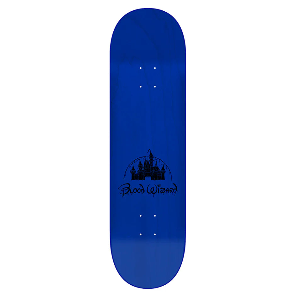 Blue skateboard deck with a black castle design and 'Blood Wizard' text on a white background