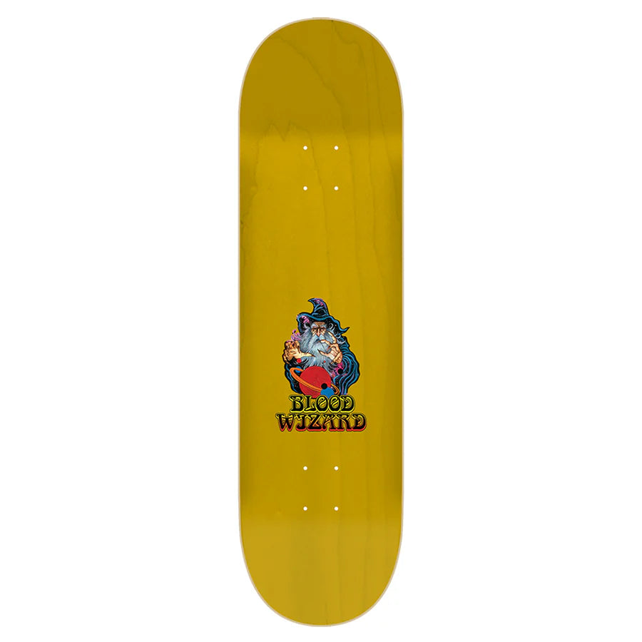 Yellow skateboard deck with a 'Blood Wizard' graphic on a white background
