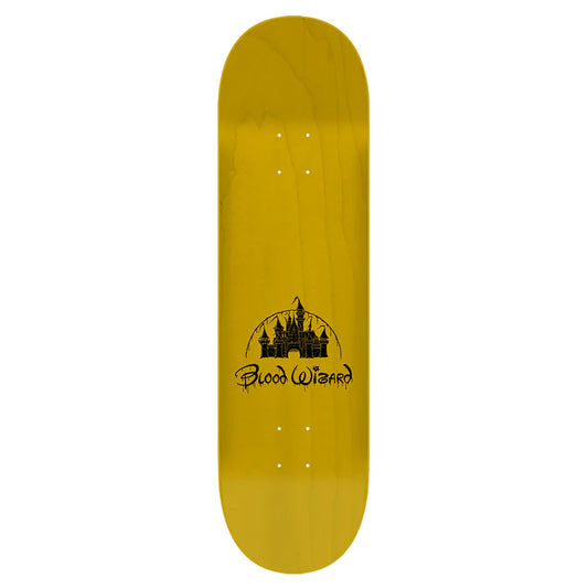 Yellow skateboard deck with black castle logo and 'Blood Wizard' text on a white background