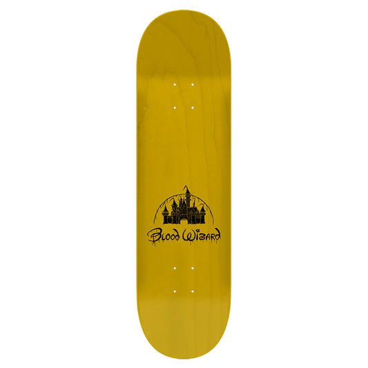 Yellow skateboard deck with black castle design and 'Blood Wizard' text on a white background